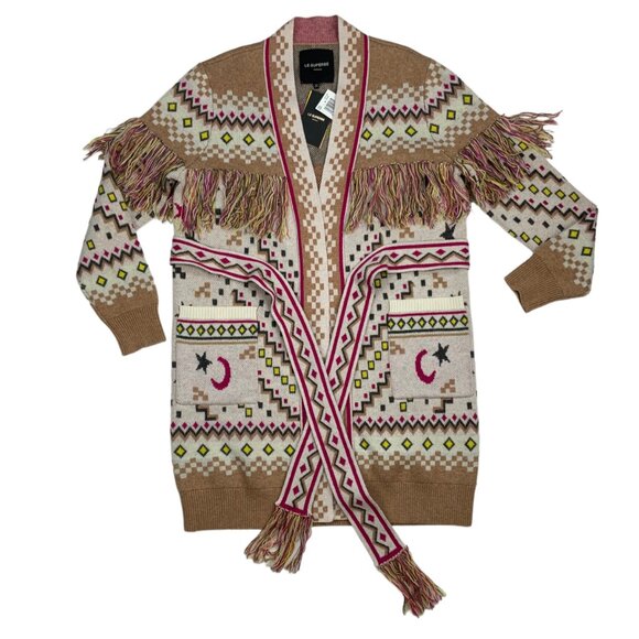 Le Superbe Cream Meditation Cardigan Sweater XS Fringe Wool Cashmere Western - Picture 11 of 12